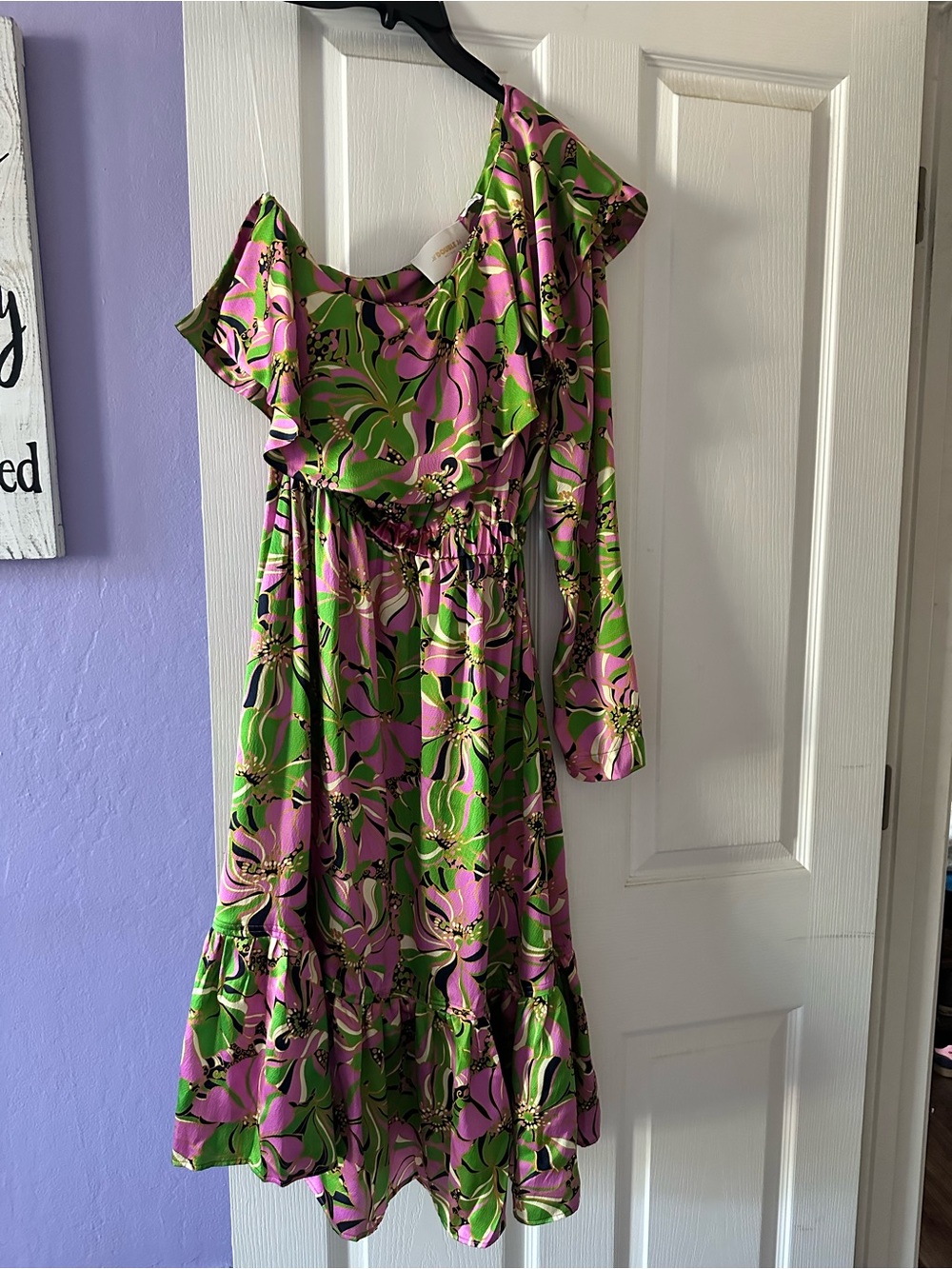 LA DoubleJ Pink & Green One-Shoulder Floral Midi Dress